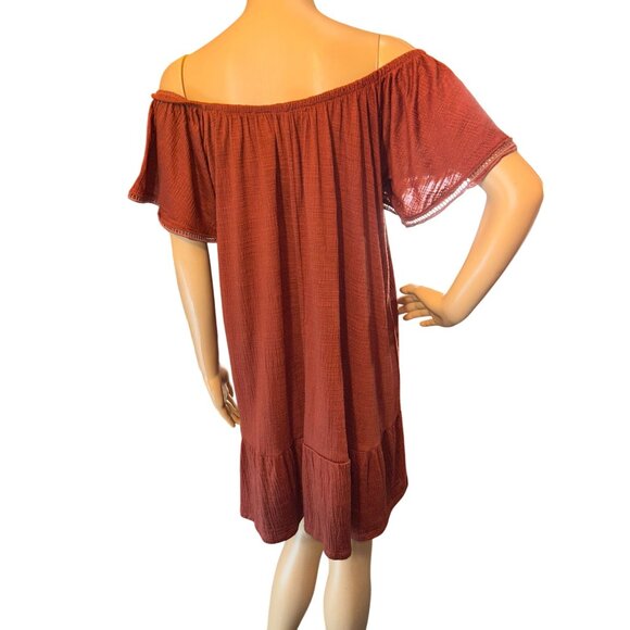 Womens Off-Shoulder Tiered Mini Dress Size S Rust Cottagecore Prairie - Picture 5 of 10
